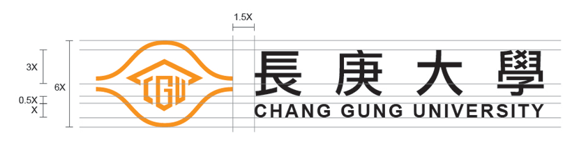 校徽與中英文標準字橫式組合，注意其比例位置。中文字與英文字等寬，且與校徽採垂直置中對齊的排列組合。